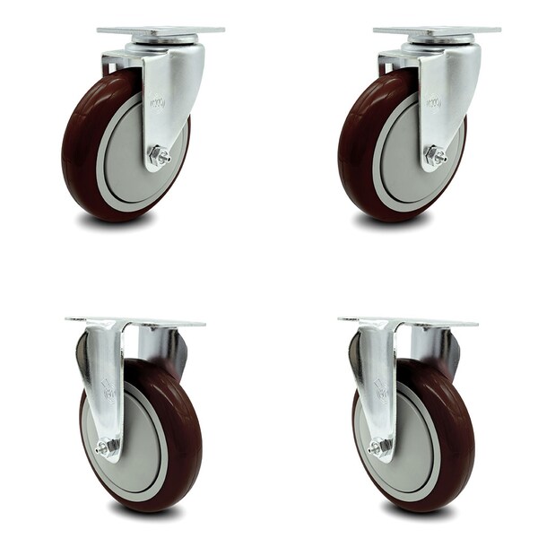 5 Inch Maroon Polyurethane Wheel Swivel Top Plate Caster Set with 2 Rigid SCC